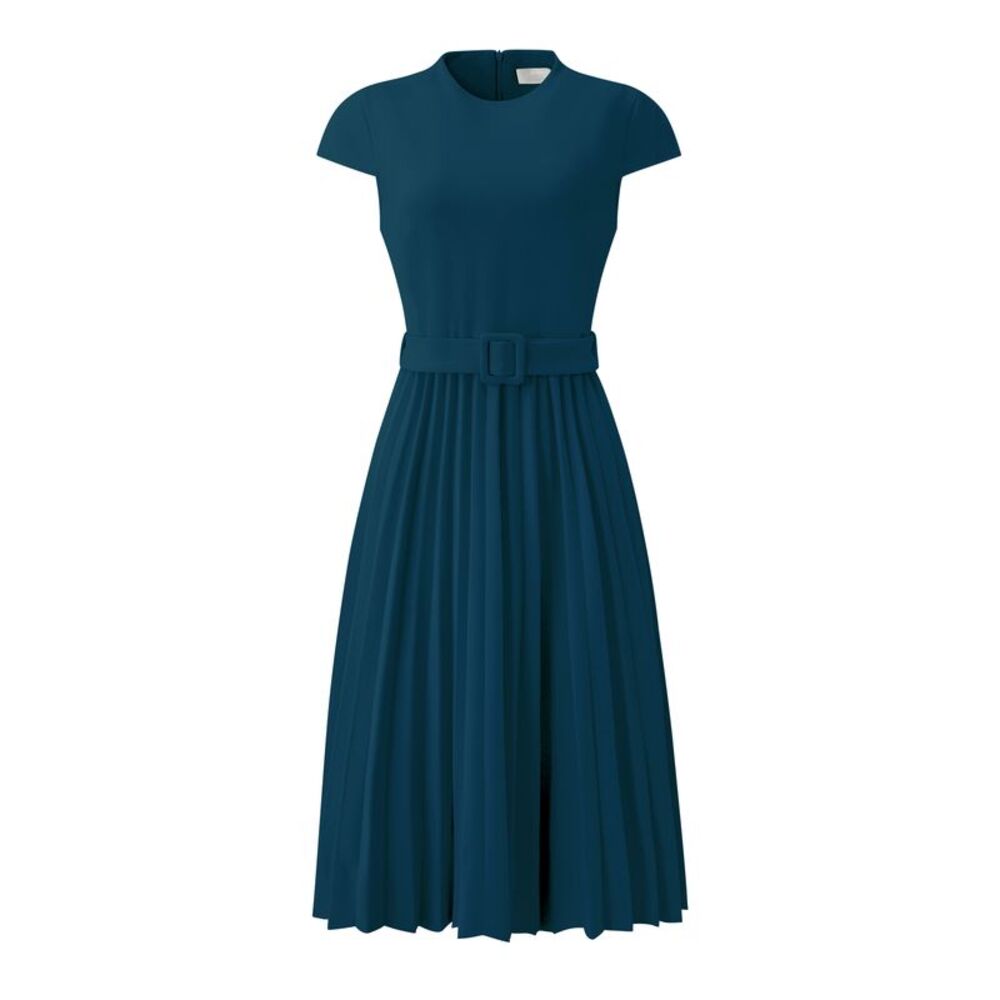 Pleated Dress Mock Neck Cap Sleeve Belted A-Line Dress Peacock Blue